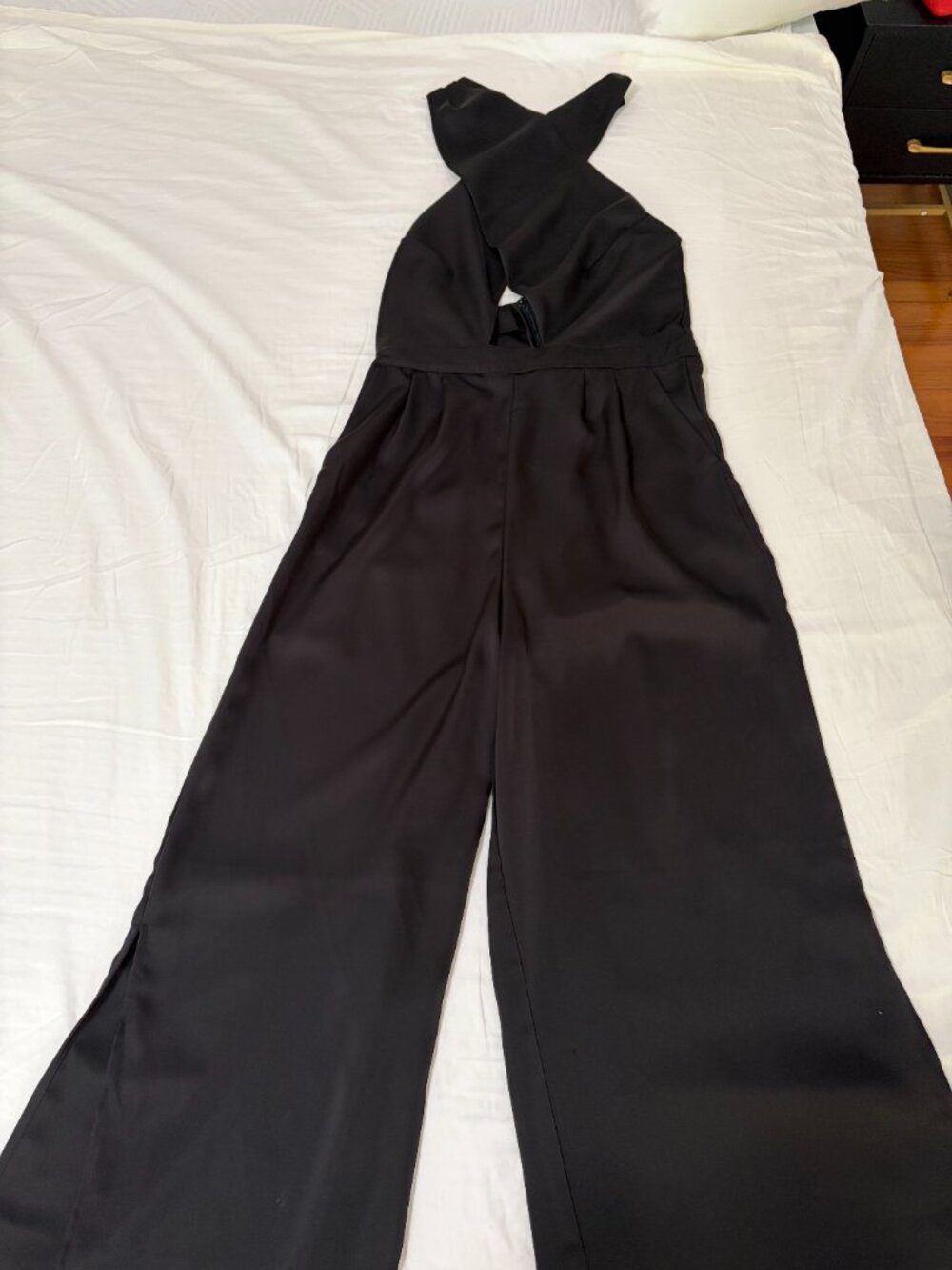 Black Halter Wide Leg Silk Jumpsuit Elegant